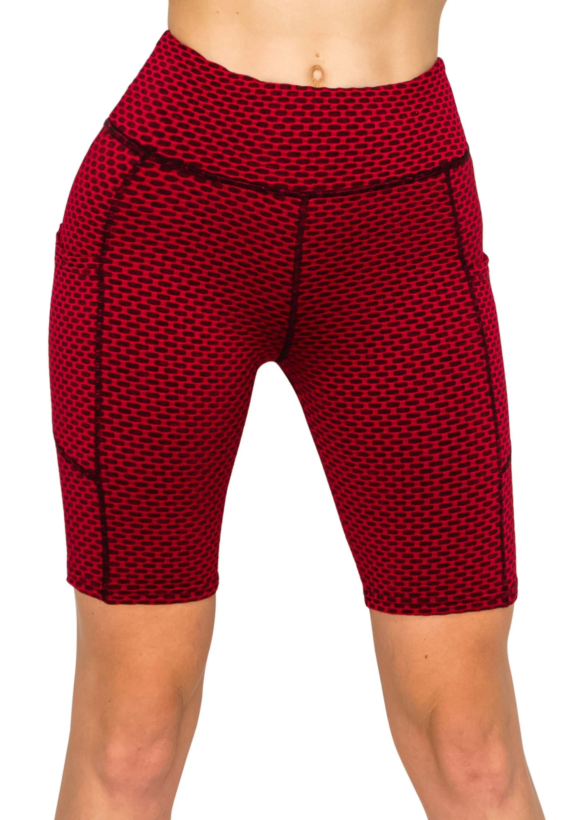 Textured 3D Booty Bike Shorts - High Waist Compression Slimming Butt Lift Checkered Biker Shorts with Pockets