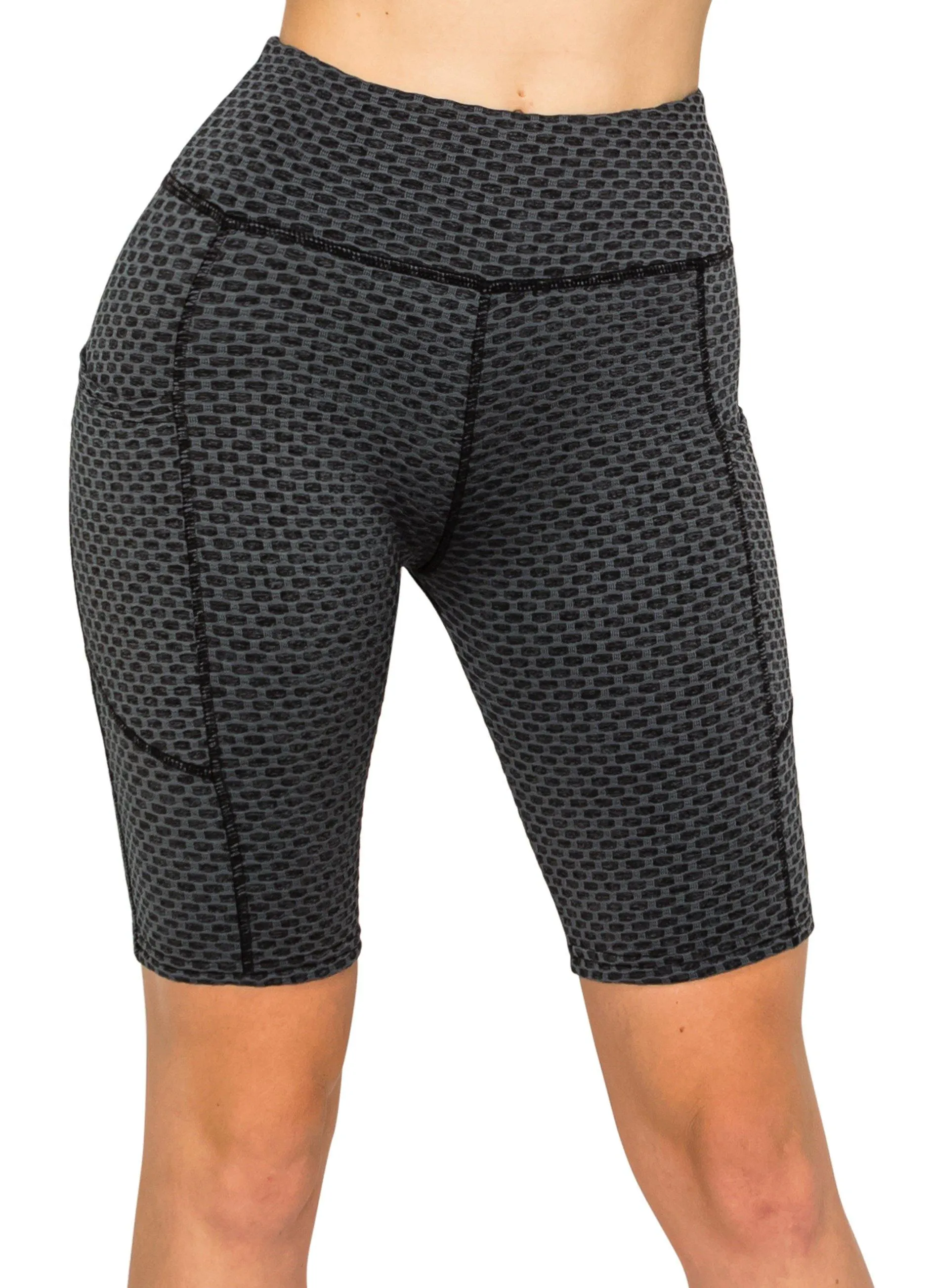 Textured 3D Booty Bike Shorts - High Waist Compression Slimming Butt Lift Checkered Biker Shorts with Pockets