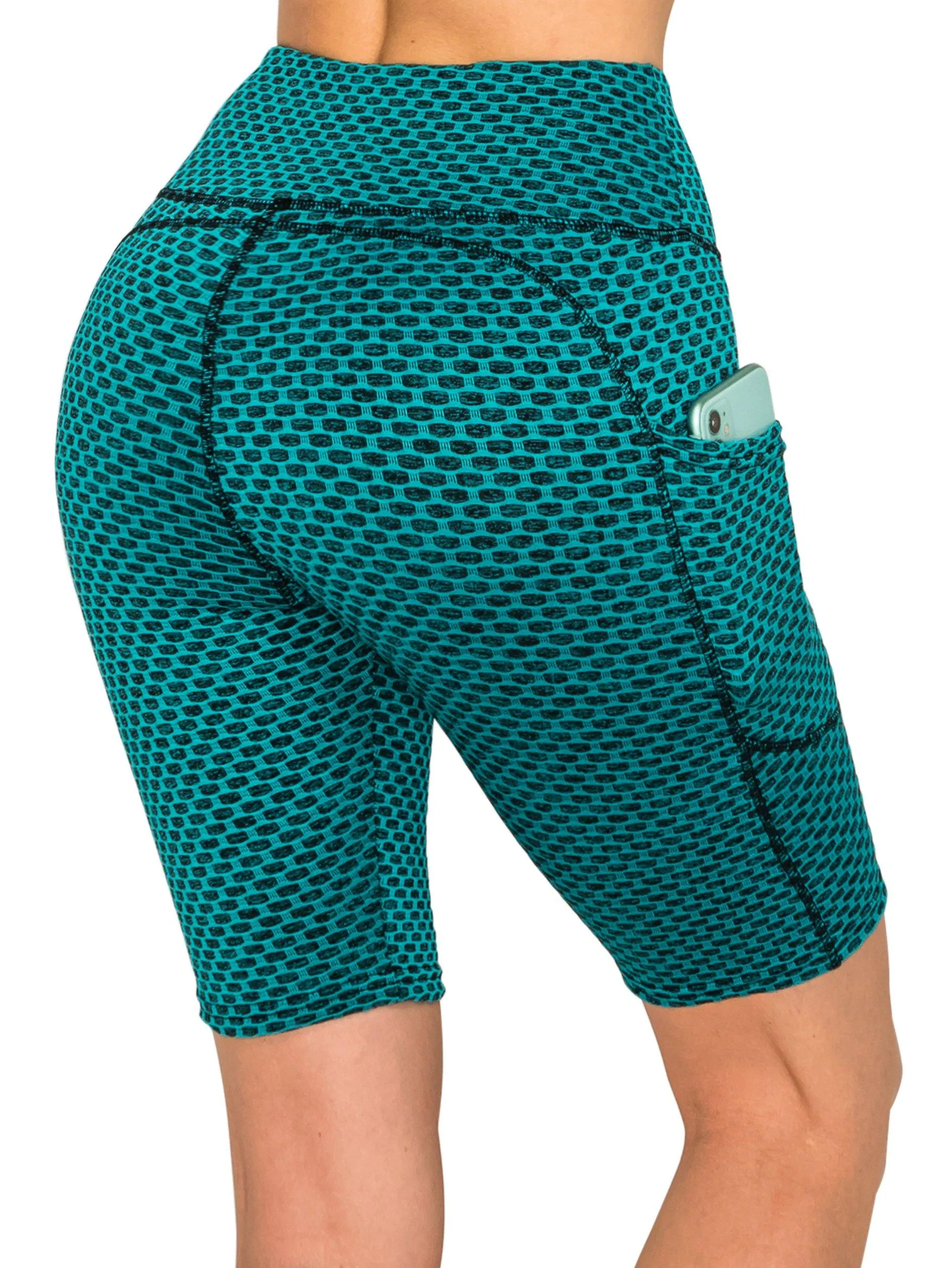 Textured 3D Booty Bike Shorts - High Waist Compression Slimming Butt Lift Checkered Biker Shorts with Pockets