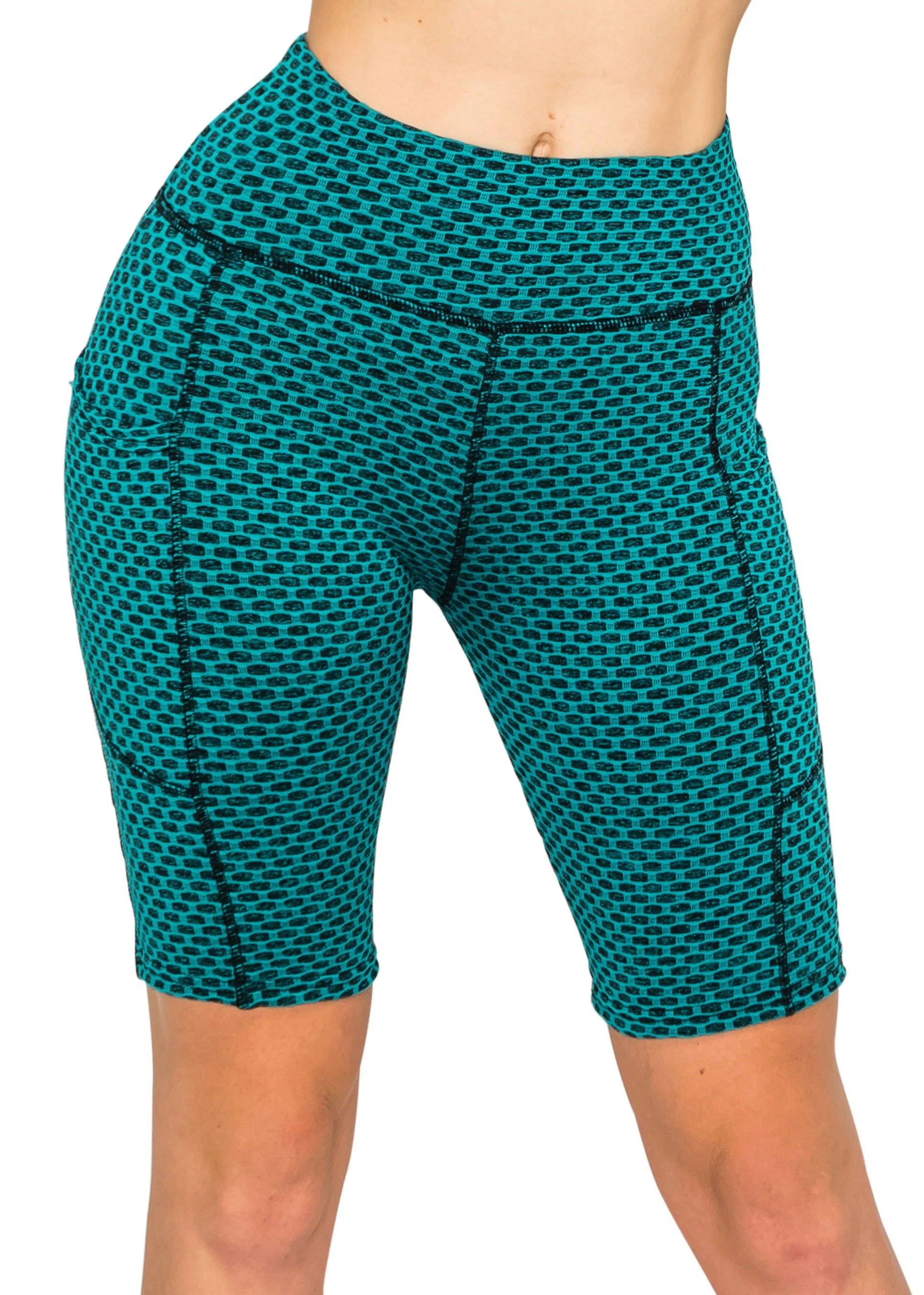 Textured 3D Booty Bike Shorts - High Waist Compression Slimming Butt Lift Checkered Biker Shorts with Pockets