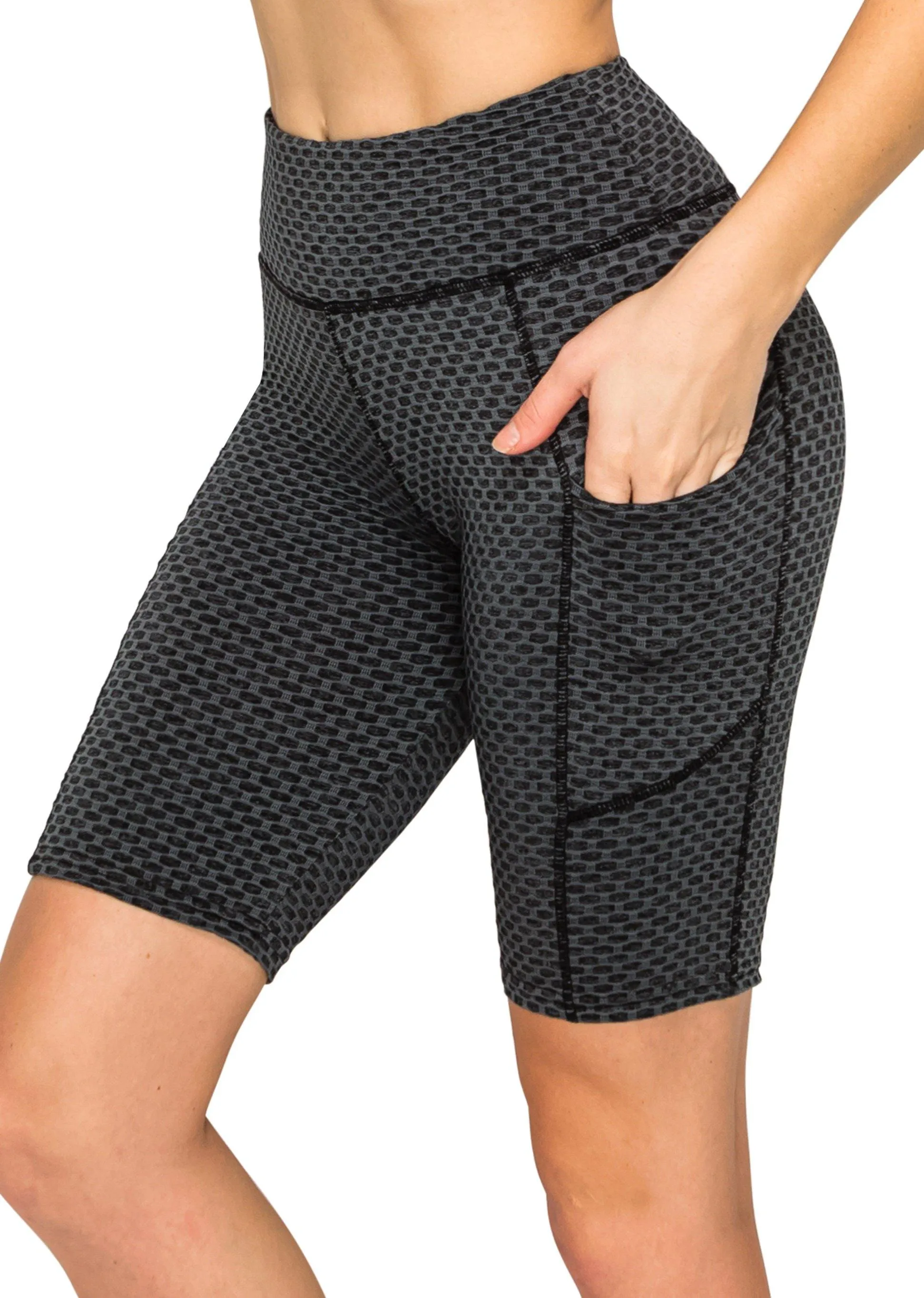 Textured 3D Booty Bike Shorts - High Waist Compression Slimming Butt Lift Checkered Biker Shorts with Pockets