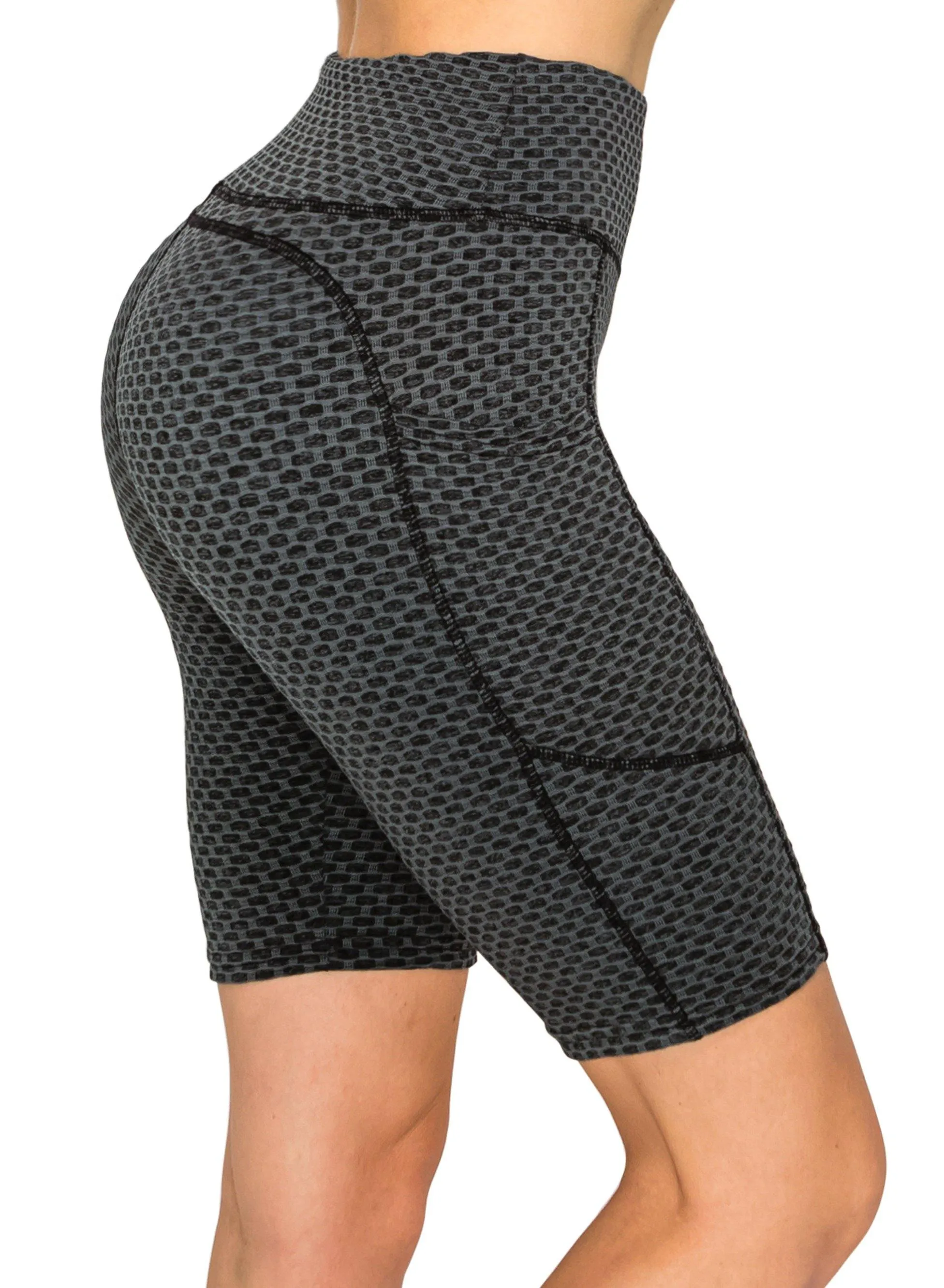 Textured 3D Booty Bike Shorts - High Waist Compression Slimming Butt Lift Checkered Biker Shorts with Pockets