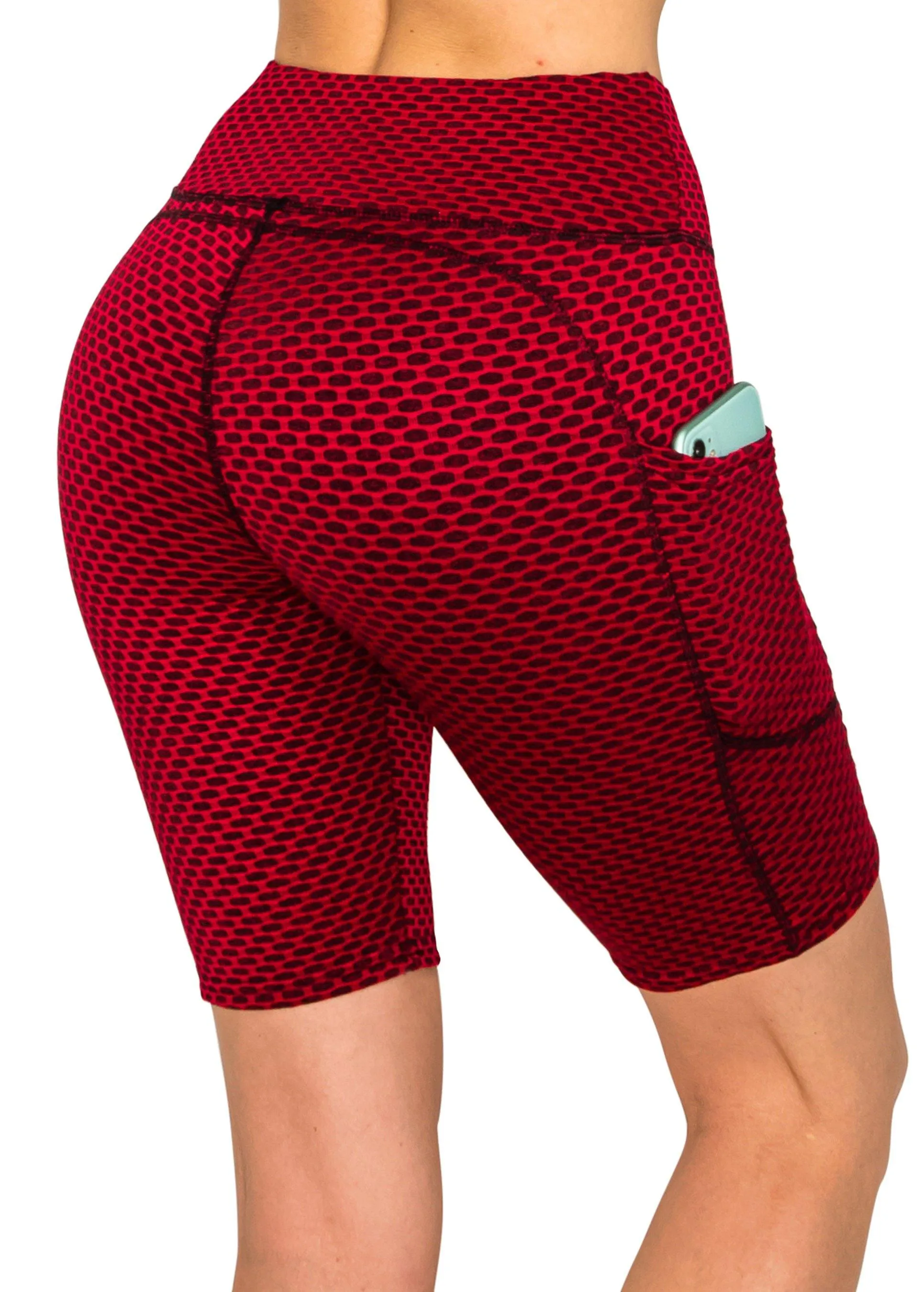 Textured 3D Booty Bike Shorts - High Waist Compression Slimming Butt Lift Checkered Biker Shorts with Pockets