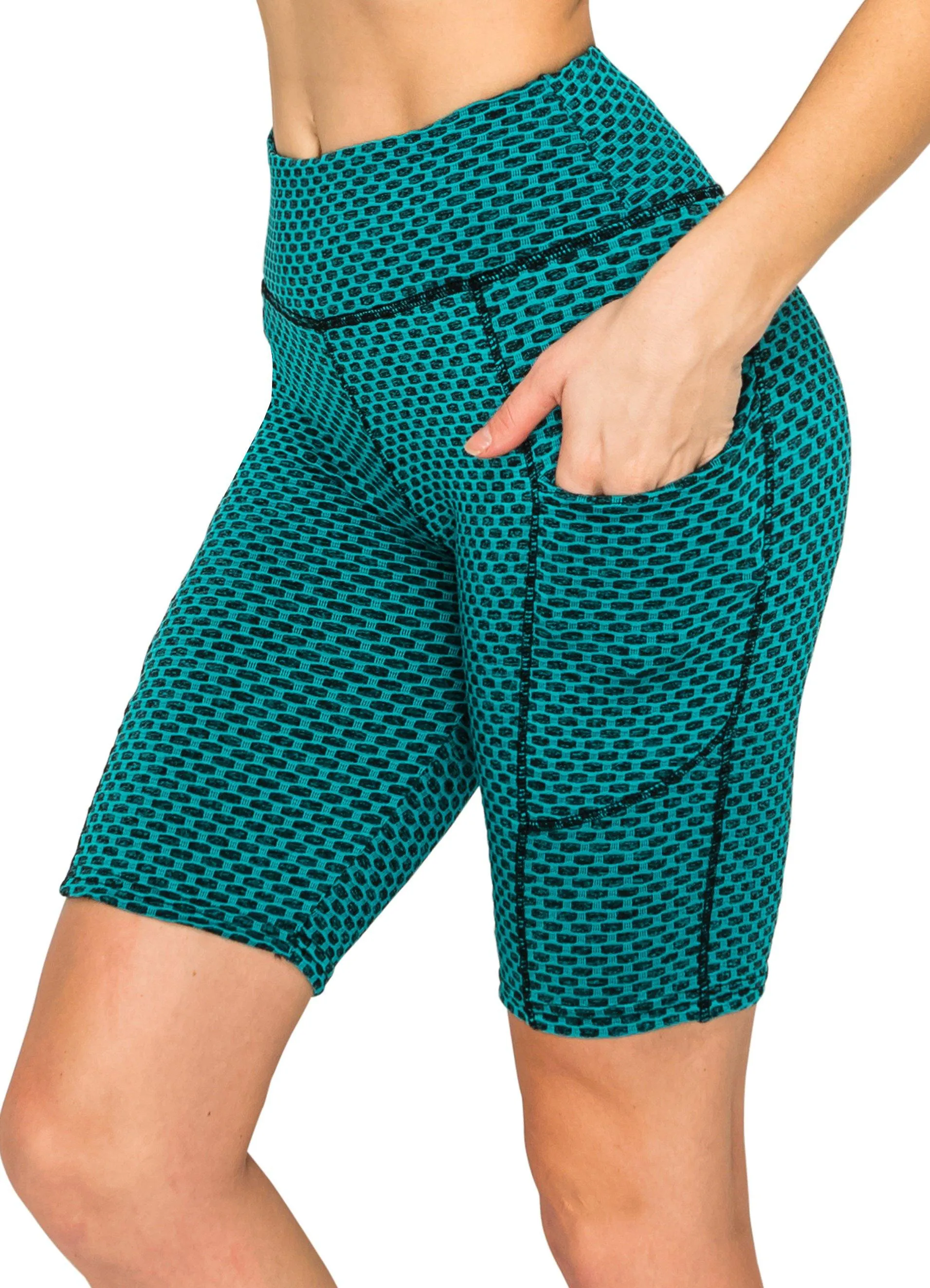 Textured 3D Booty Bike Shorts - High Waist Compression Slimming Butt Lift Checkered Biker Shorts with Pockets