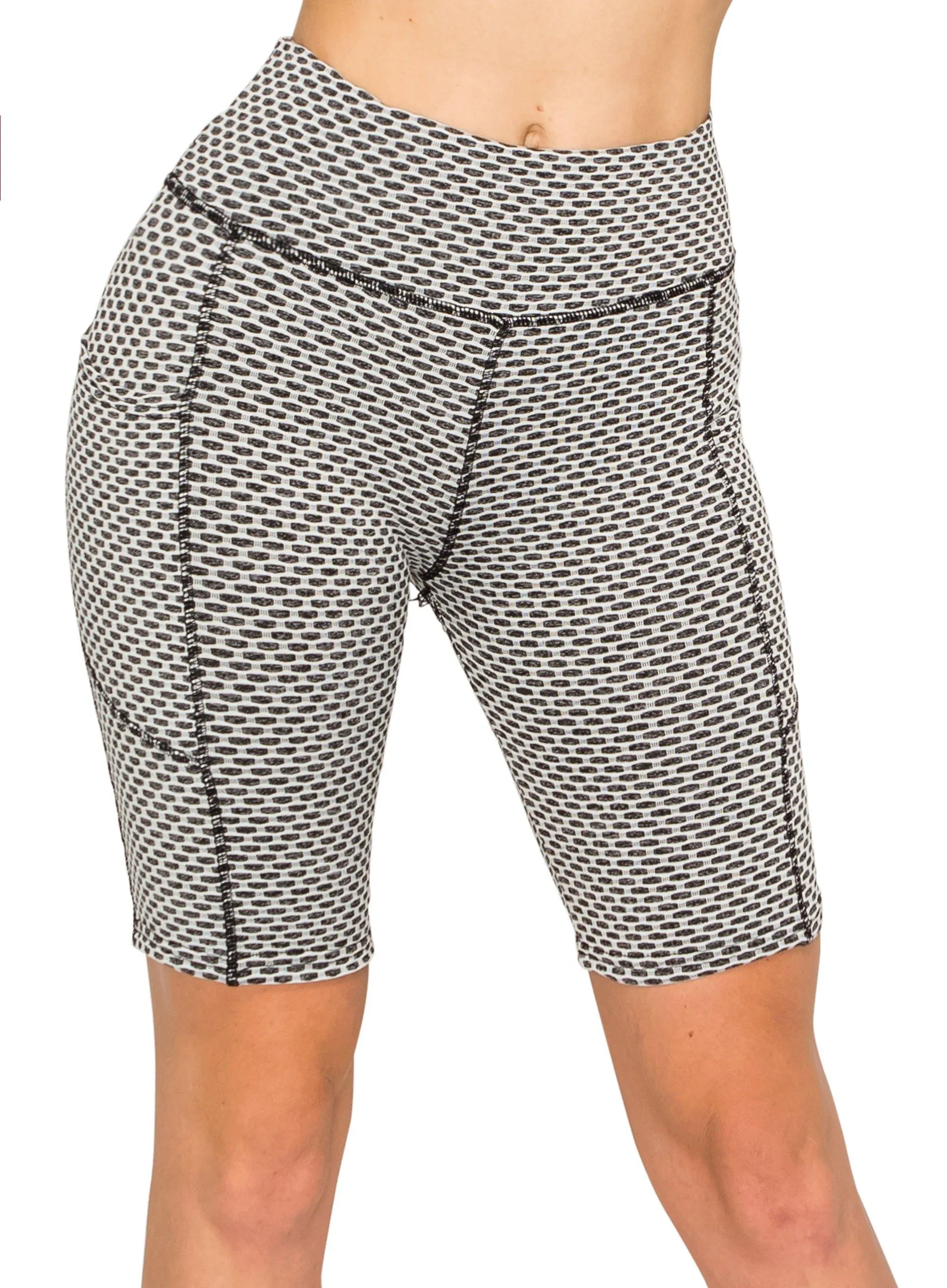 Textured 3D Booty Bike Shorts - High Waist Compression Slimming Butt Lift Checkered Biker Shorts with Pockets