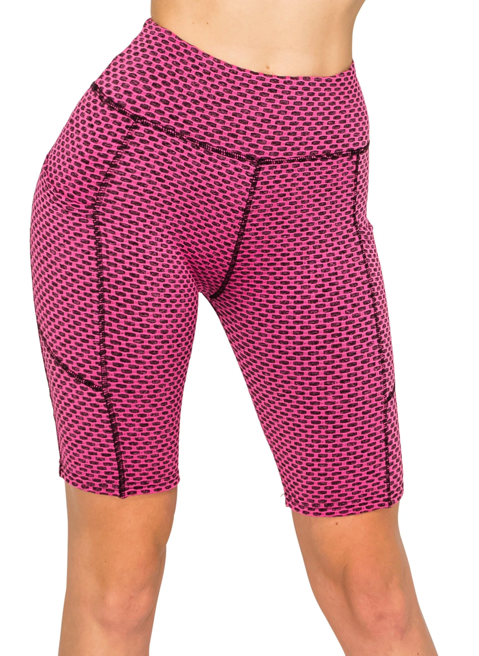 Textured 3D Booty Bike Shorts - High Waist Compression Slimming Butt Lift Checkered Biker Shorts with Pockets