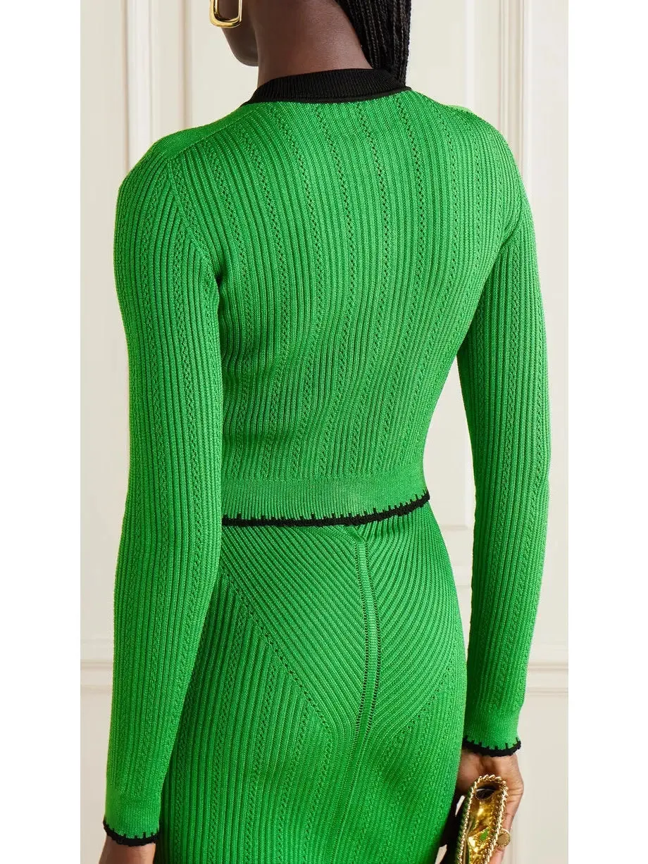 Women’s Cropped Ribbed-Knit Cardigan and Skirt Set in Green