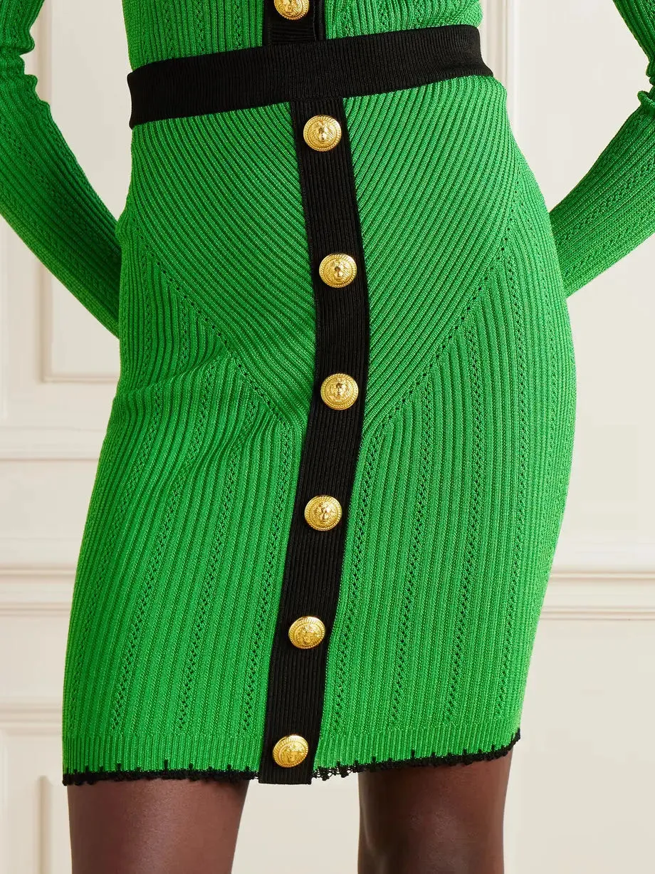 Women’s Cropped Ribbed-Knit Cardigan and Skirt Set in Green