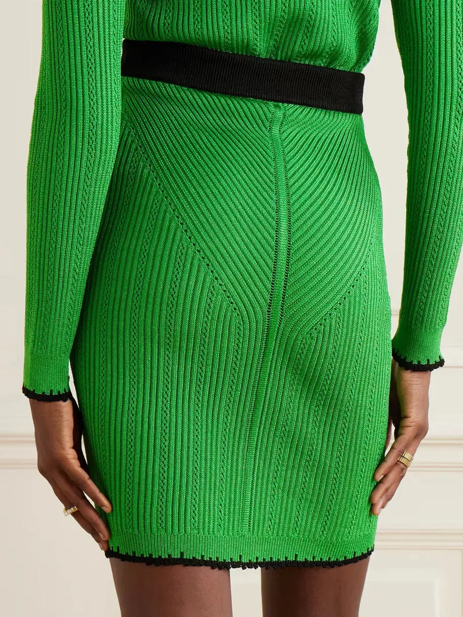 Women’s Cropped Ribbed-Knit Cardigan and Skirt Set in Green