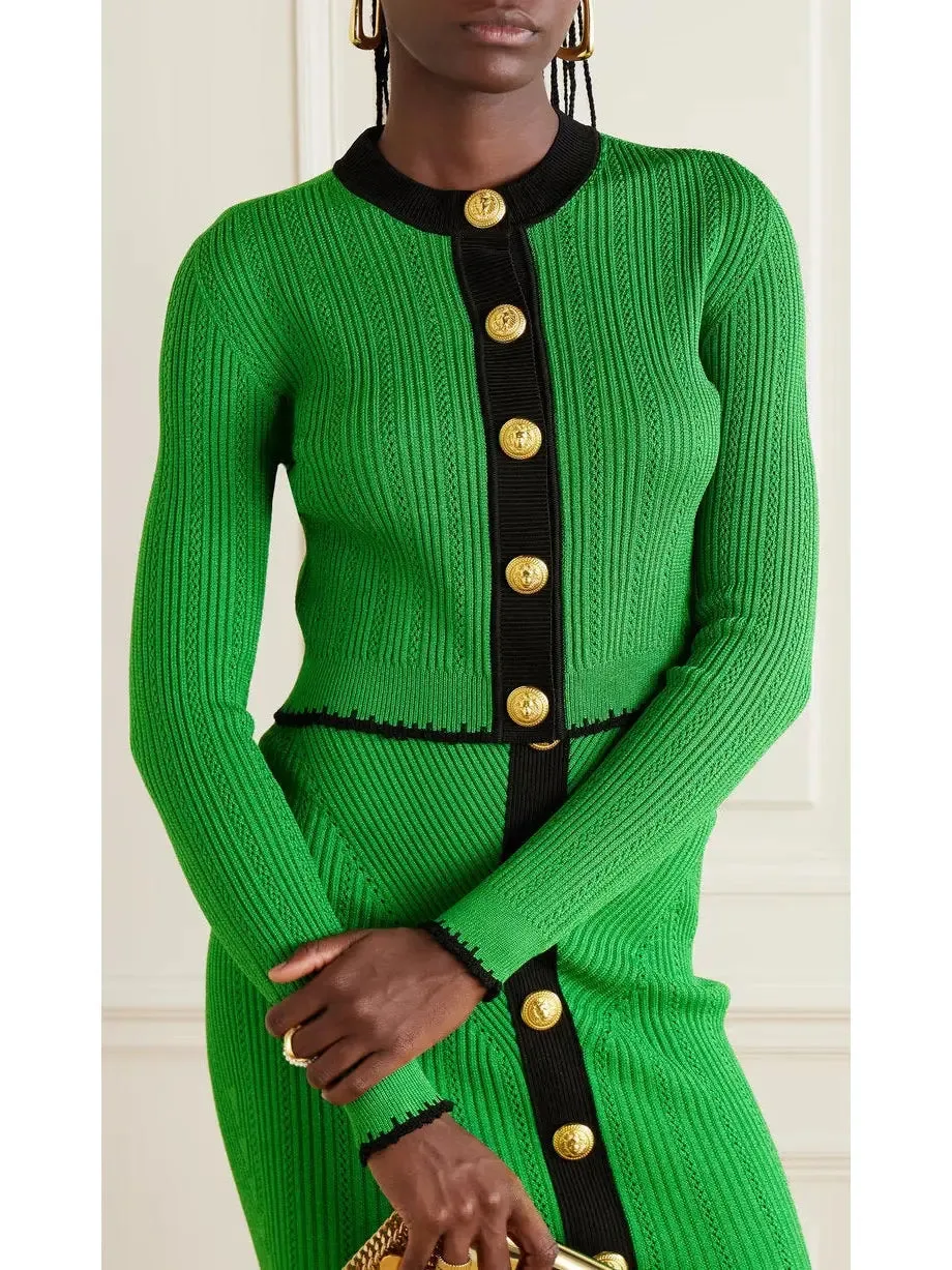 Women’s Cropped Ribbed-Knit Cardigan and Skirt Set in Green