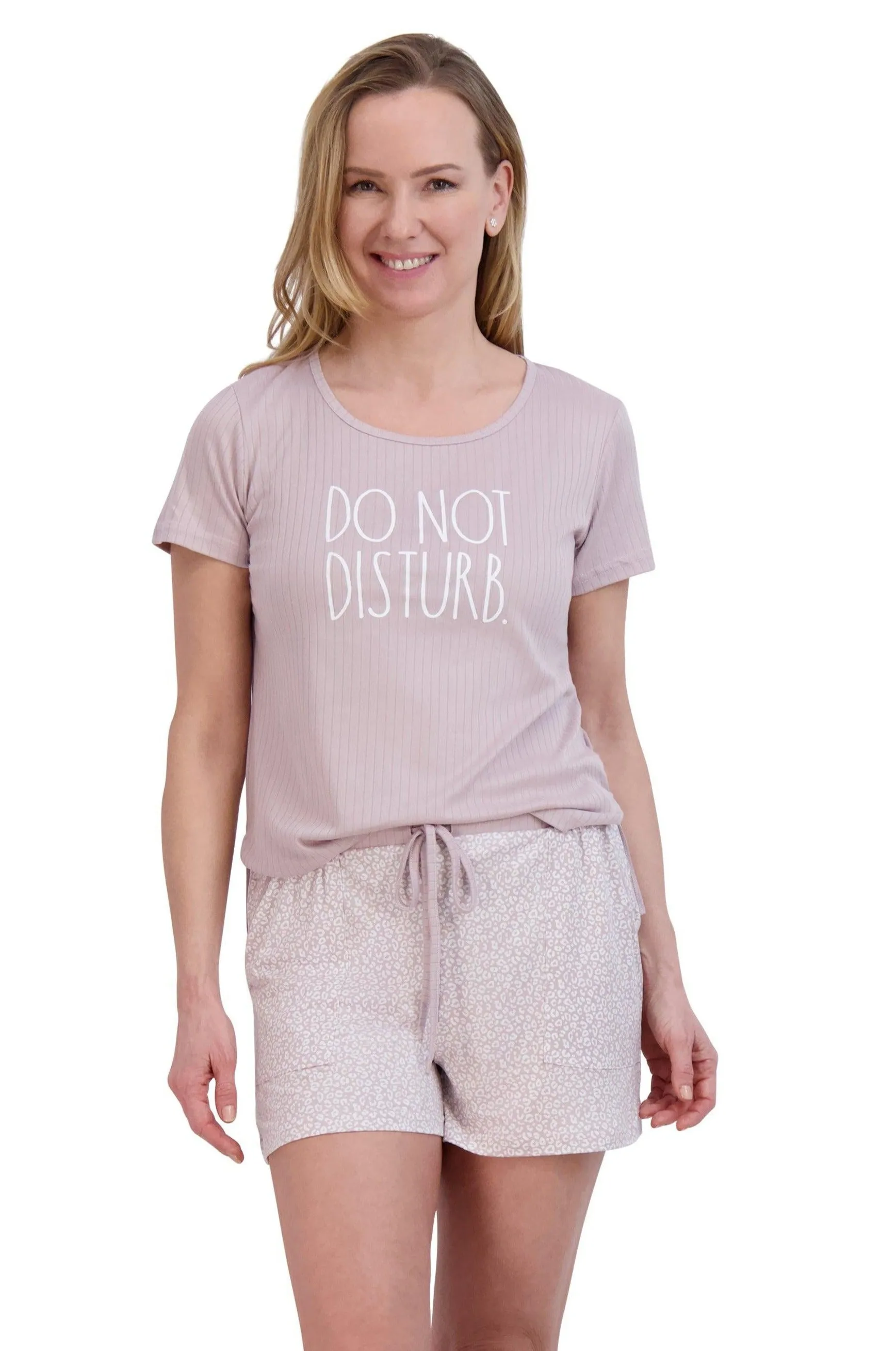 Women's "DO NOT DISTURB" Ribbed Short Sleeve Side Slit Top and Shorts Pajama Set